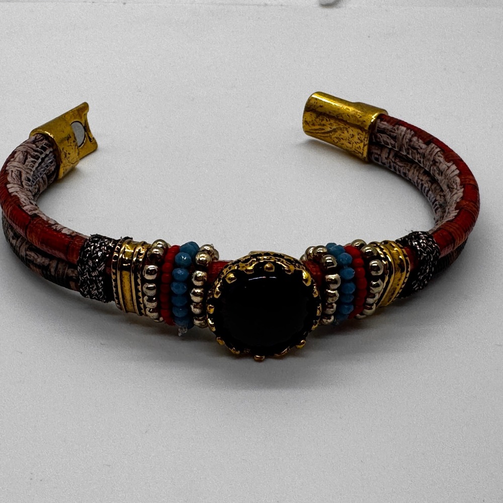 Laura Janelle Magnetic Wrap Bracelet Boho Multi Strand Beaded Purple Cabochon - Picture 4 of 7